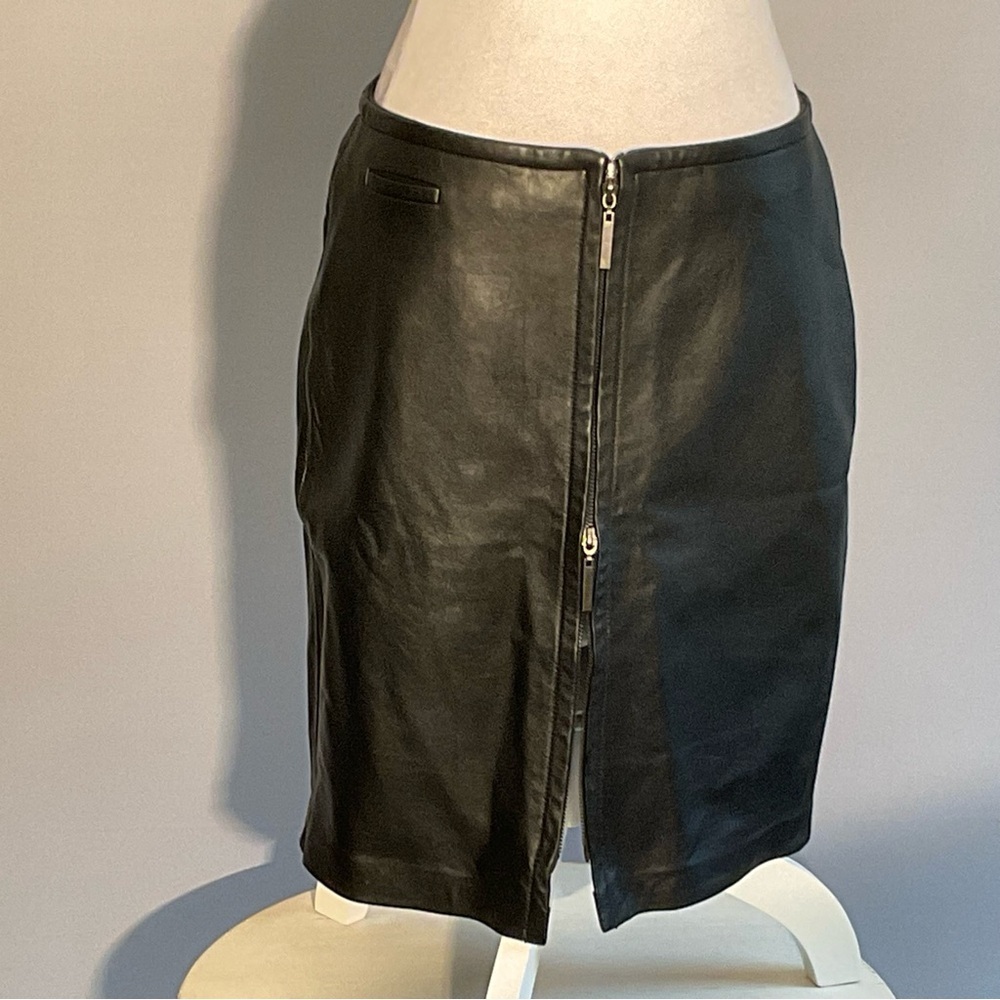 Express Genuine Leather Skirt 7/8 Black Midi Zip Front 2-Way Zipper - Picture 8 of 16